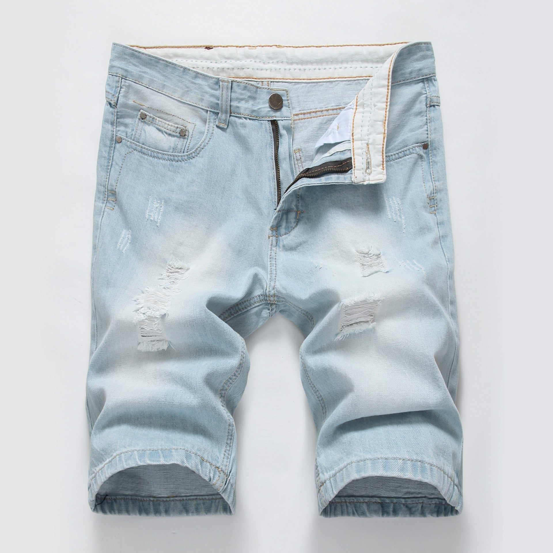 Cotton Ripped Light Color Slim Denim Shorts - Primo Collection