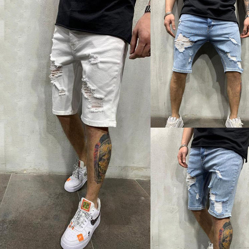 Men's Slim Fit Denim Shorts With Holes - Primo Collection
