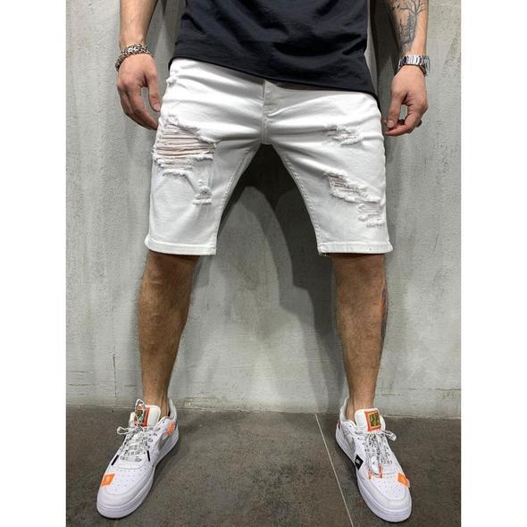 Men's Slim Fit Denim Shorts With Holes - Primo Collection