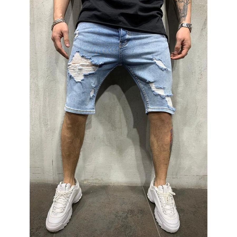 Men's Slim Fit Denim Shorts With Holes - Primo Collection