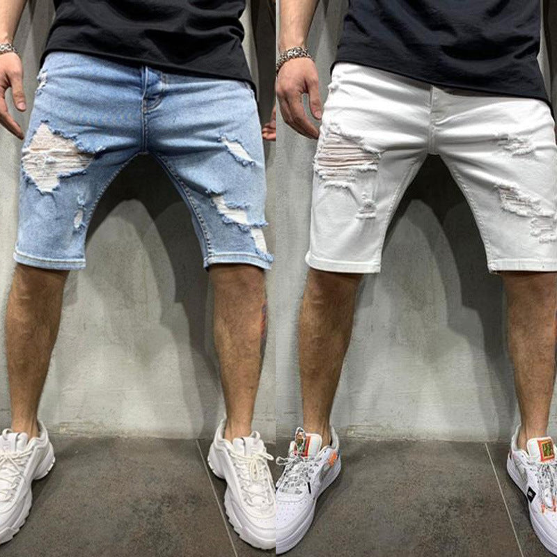 Men's Slim Fit Denim Shorts With Holes - Primo Collection