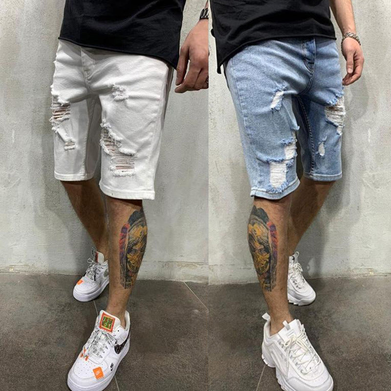Men's Slim Fit Denim Shorts With Holes - Primo Collection
