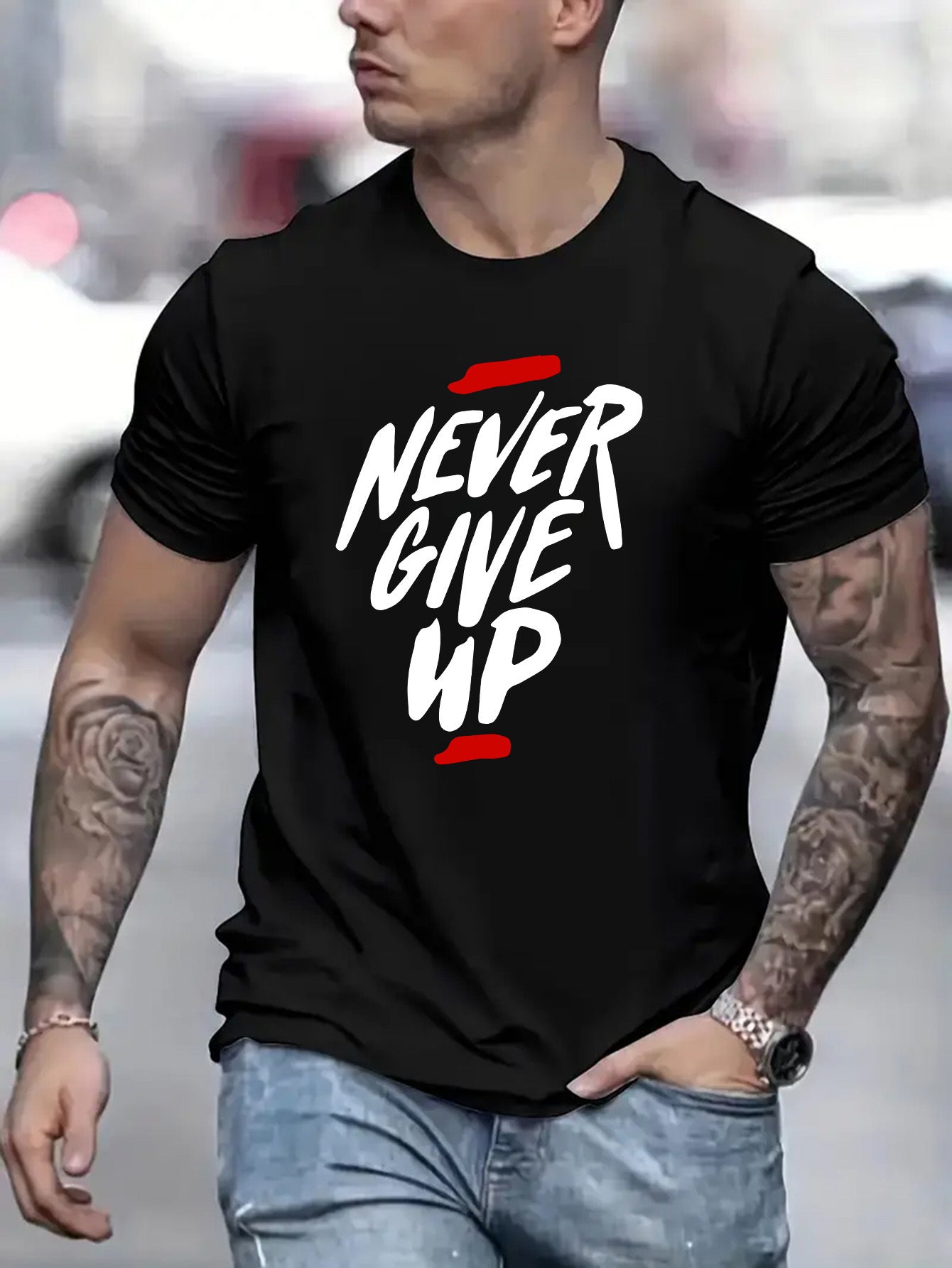Never Give Up On Letter Printed T-shirt - Fashionable Casual Style Paired With Comfortable Short Sleeves - Perfect For Summer Outdoor Activities