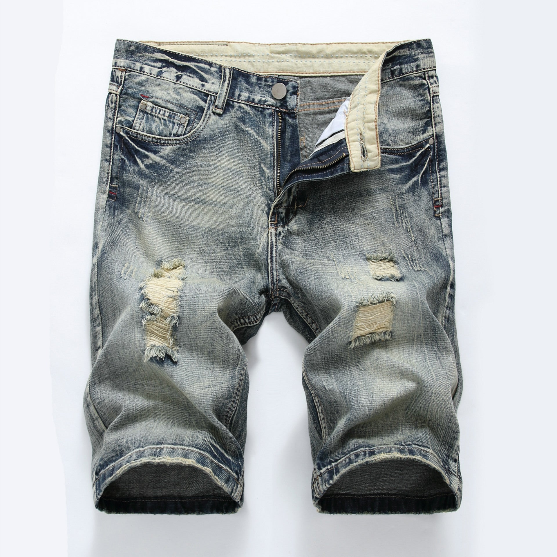 Cotton Ripped Light Color Slim Denim Shorts - Primo Collection