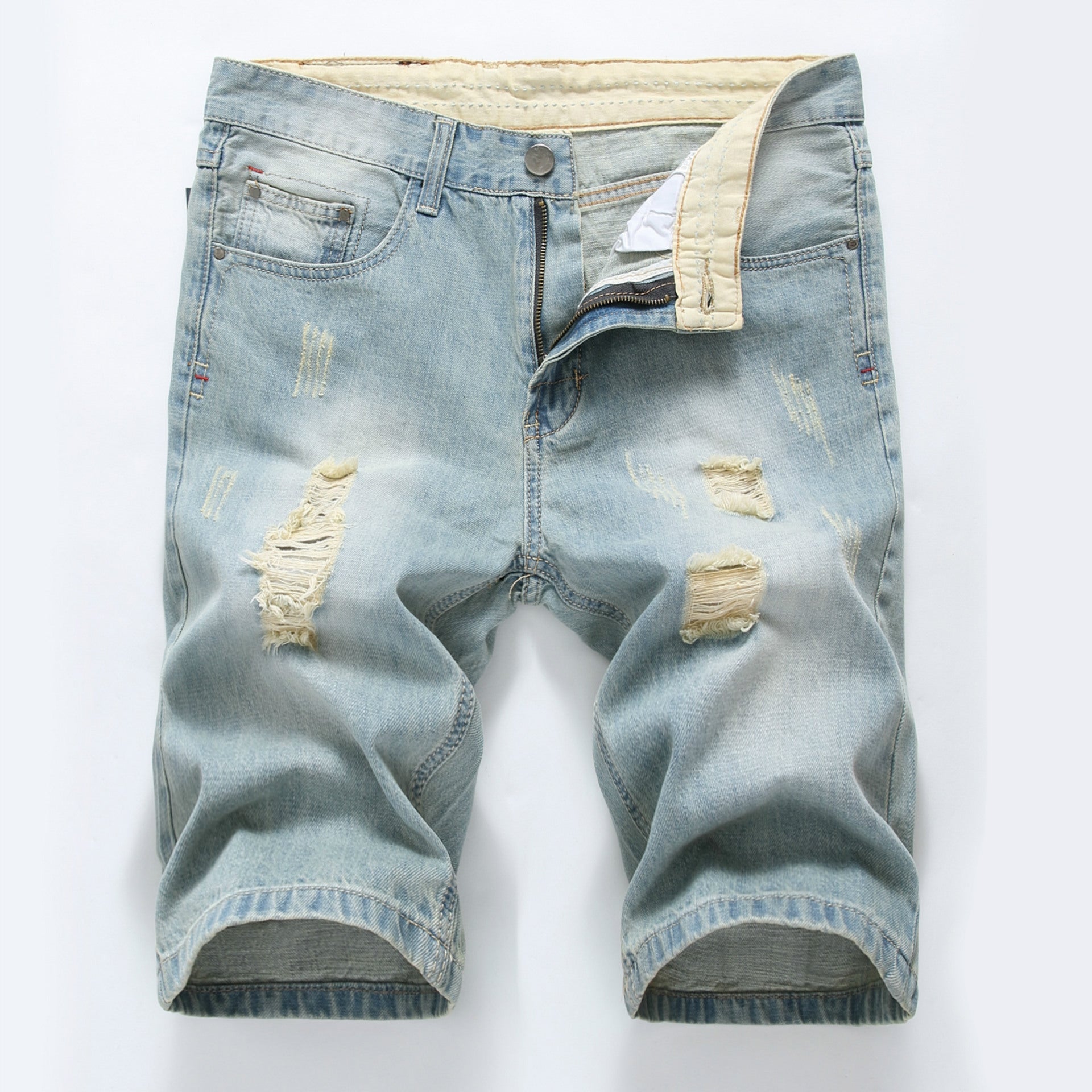 Cotton Ripped Light Color Slim Denim Shorts - Primo Collection