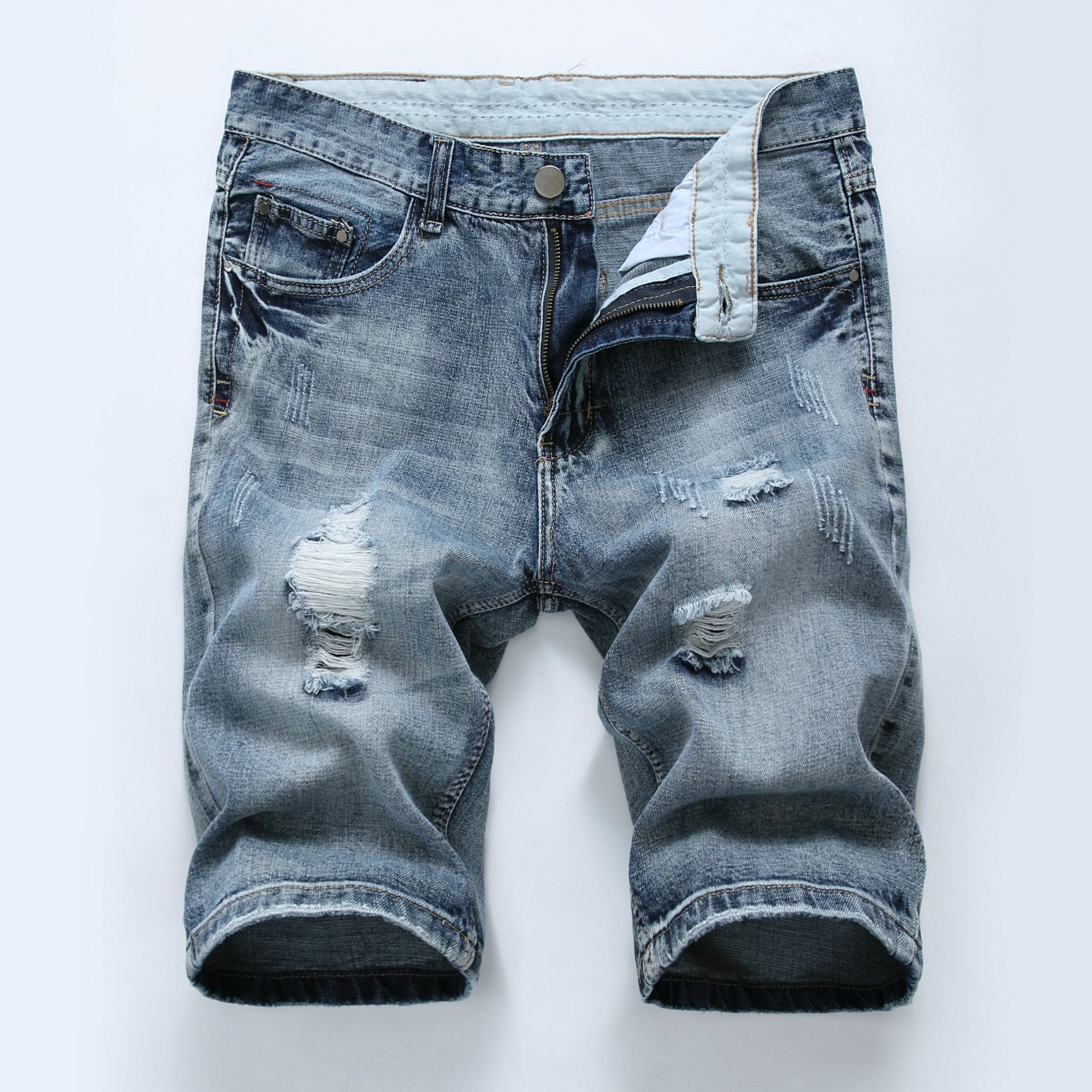 Cotton Ripped Light Color Slim Denim Shorts - Primo Collection