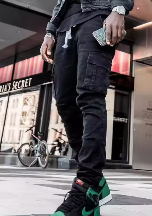 Slim Fit Cargo Denim Joggers - Multi-Pocket Street Pants - Primo Collection