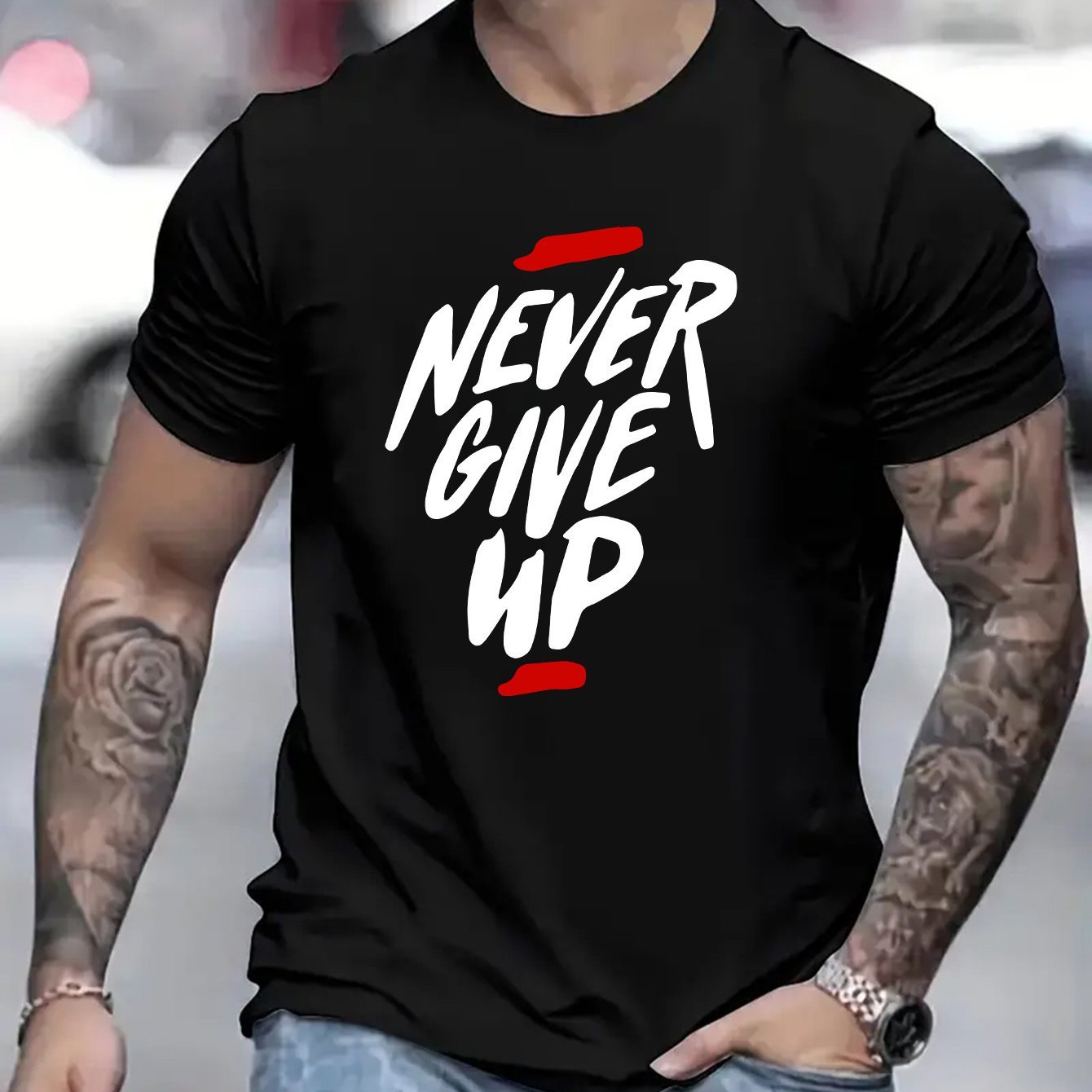 Never Give Up On Letter Printed T-shirt - Fashionable Casual Style Paired With Comfortable Short Sleeves - Perfect For Summer Outdoor Activities