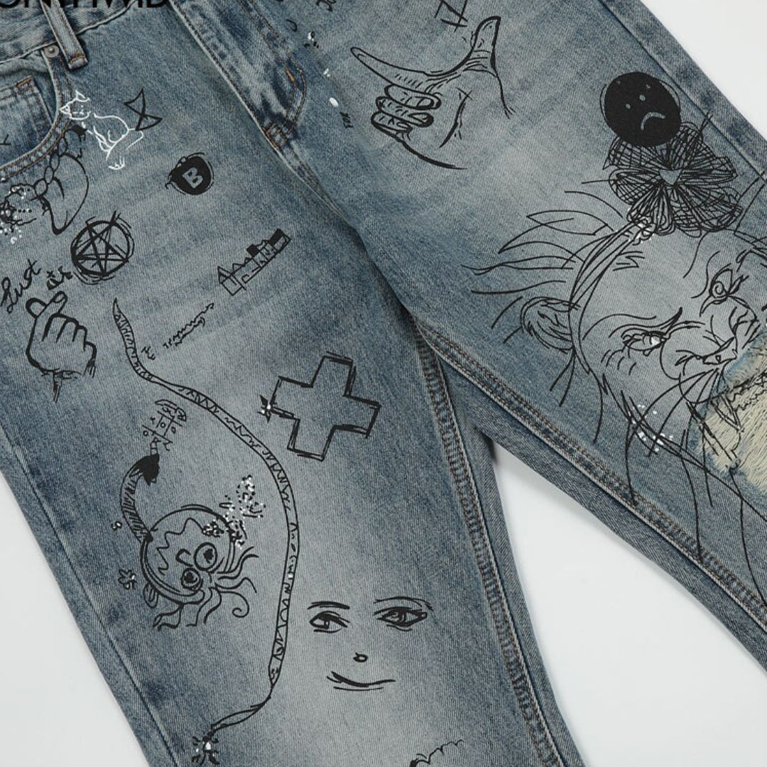 Flared Carpenter Graffiti Jeans - Blue - Primo Collection 