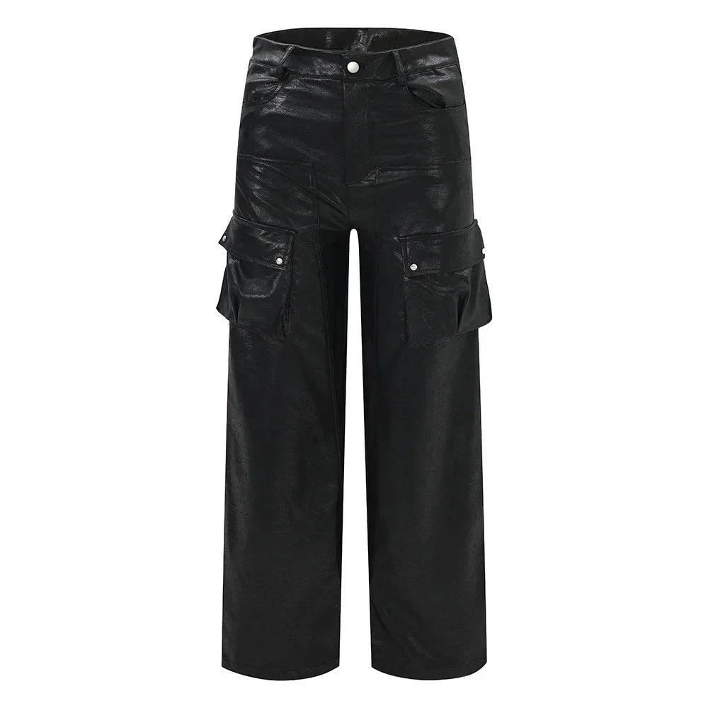 PU Leather Overalls Pants for Men and Women Hip Hop Motorcycle Leather Pants Wide Leg Y2k Faux Leather Pants - Primo Collection 