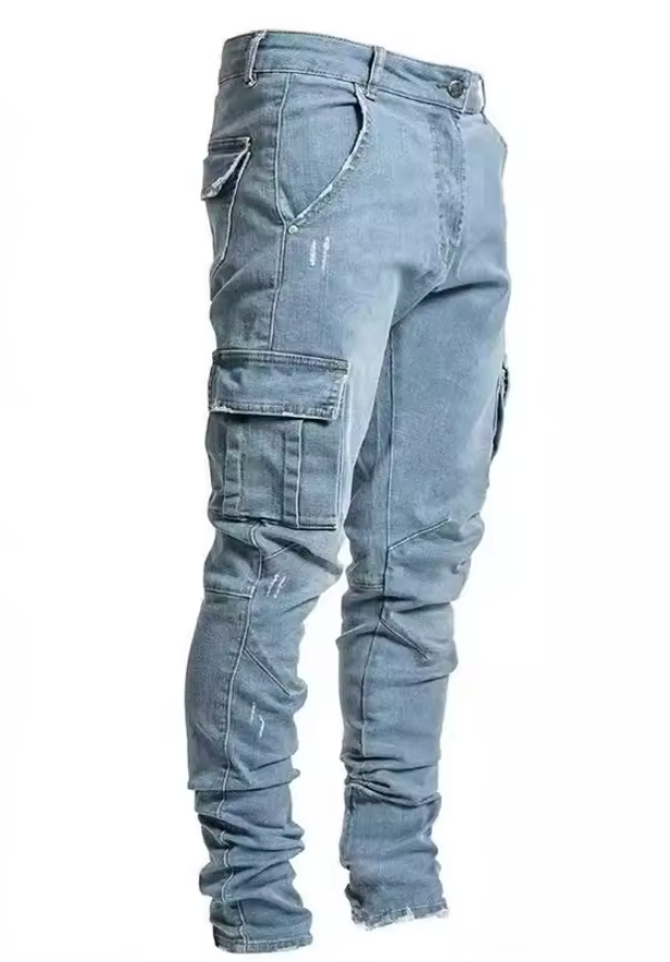 Slim Fit Cargo Denim Joggers - Multi-Pocket Street Pants - Primo Collection 