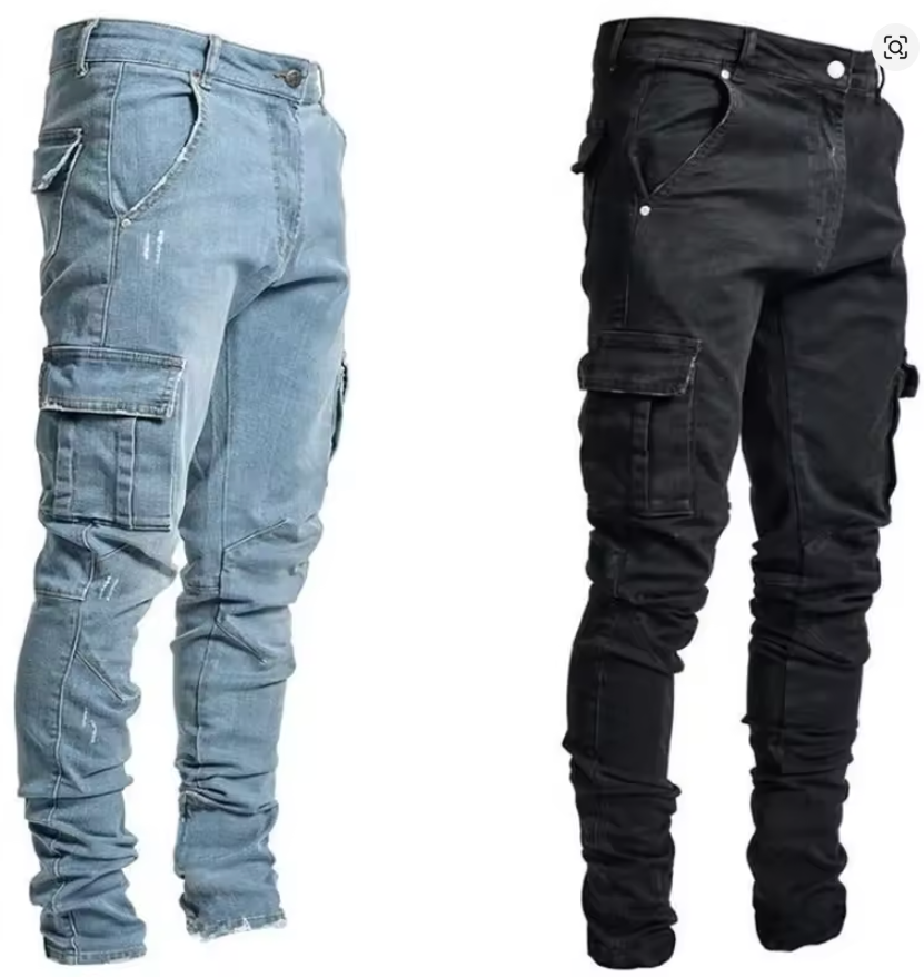 Slim Fit Cargo Denim Joggers - Multi-Pocket Street Pants - Primo Collection 